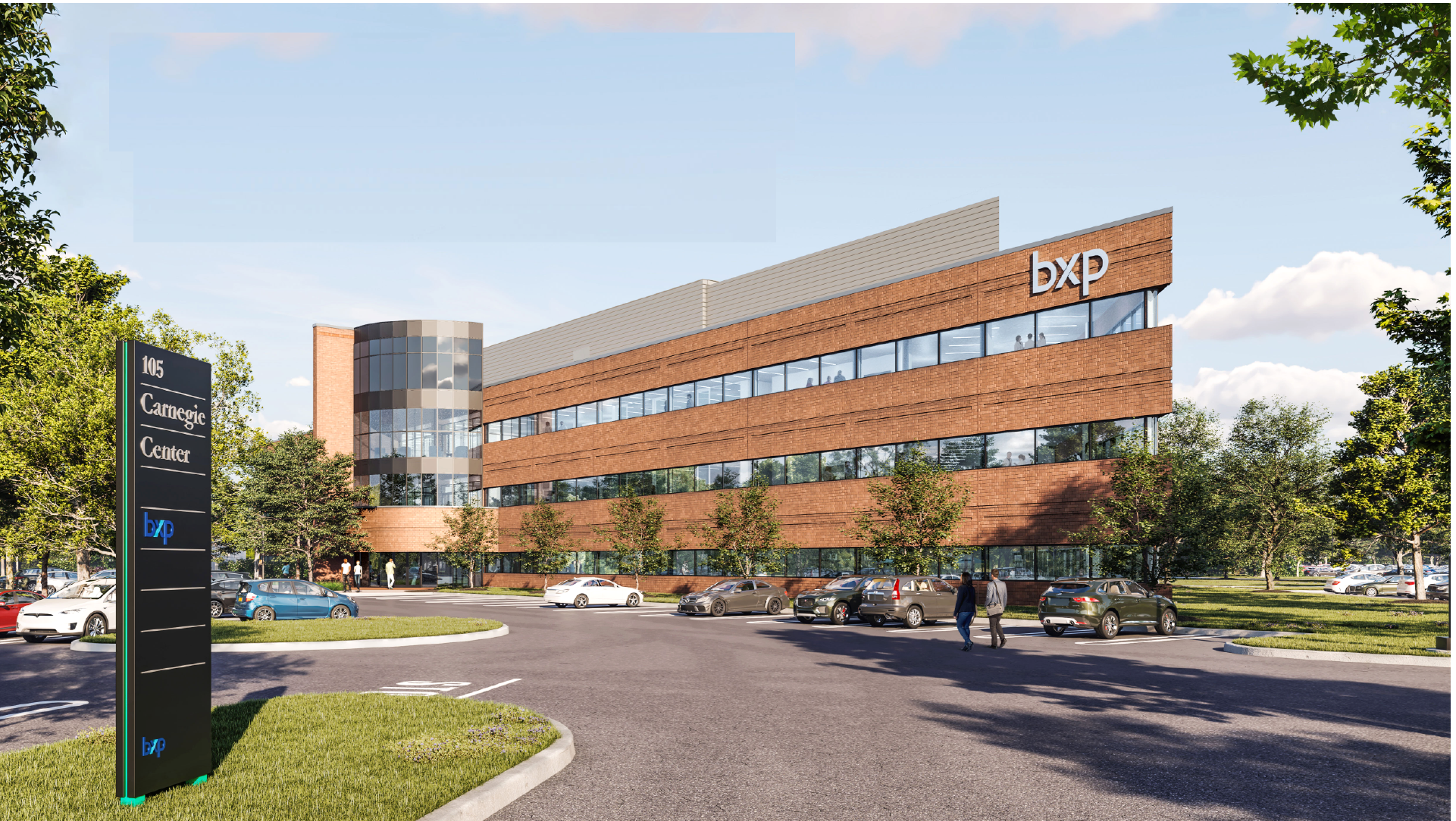 Exterior rendering of a life science building with the BXP logo.