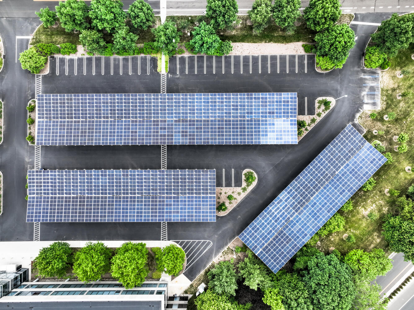 Overhead of canopy arrays over parking lot.