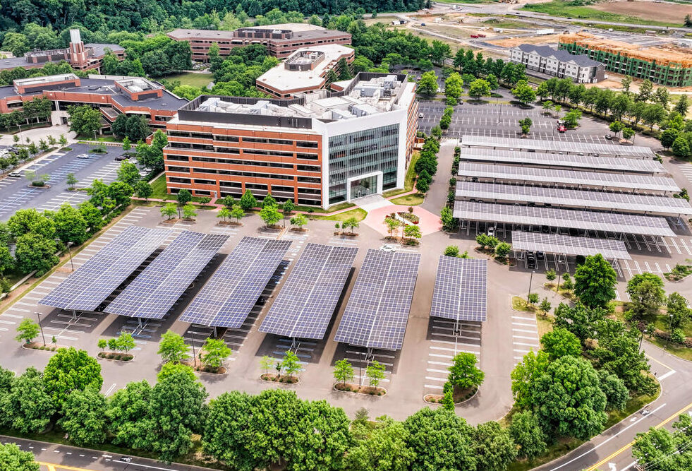 Overhead view of solar canopy arrays and building at 510 Carnegie Center.