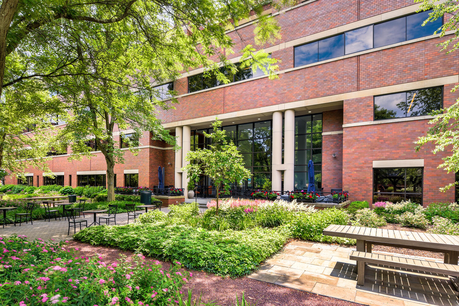 Exterior shot of brick back of an office building.