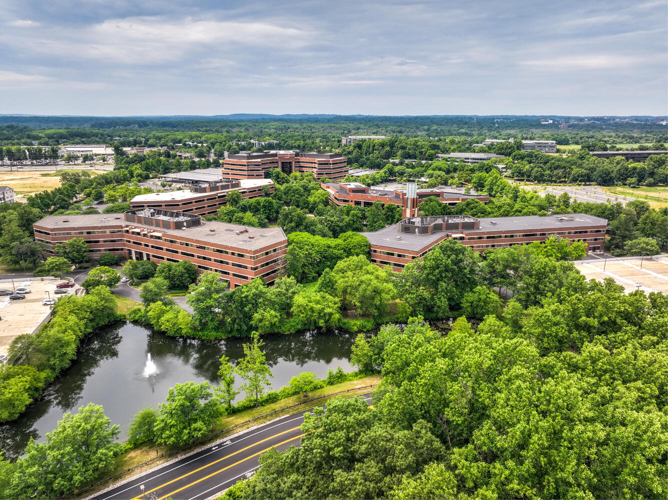 Ariel view of brick office buildings.