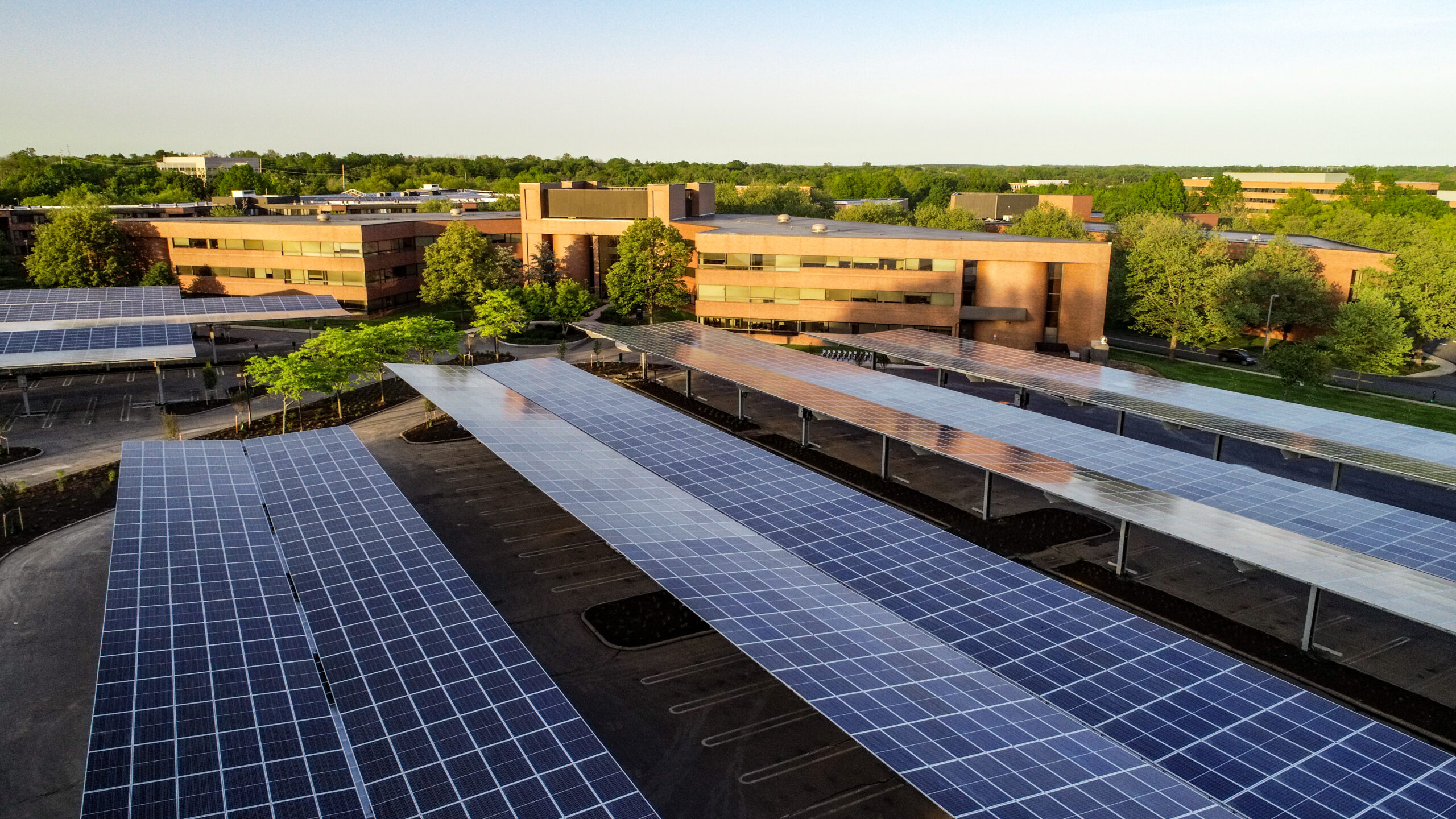 Overhead shot of solar canopy arrays outside 101 Carnegie Center.