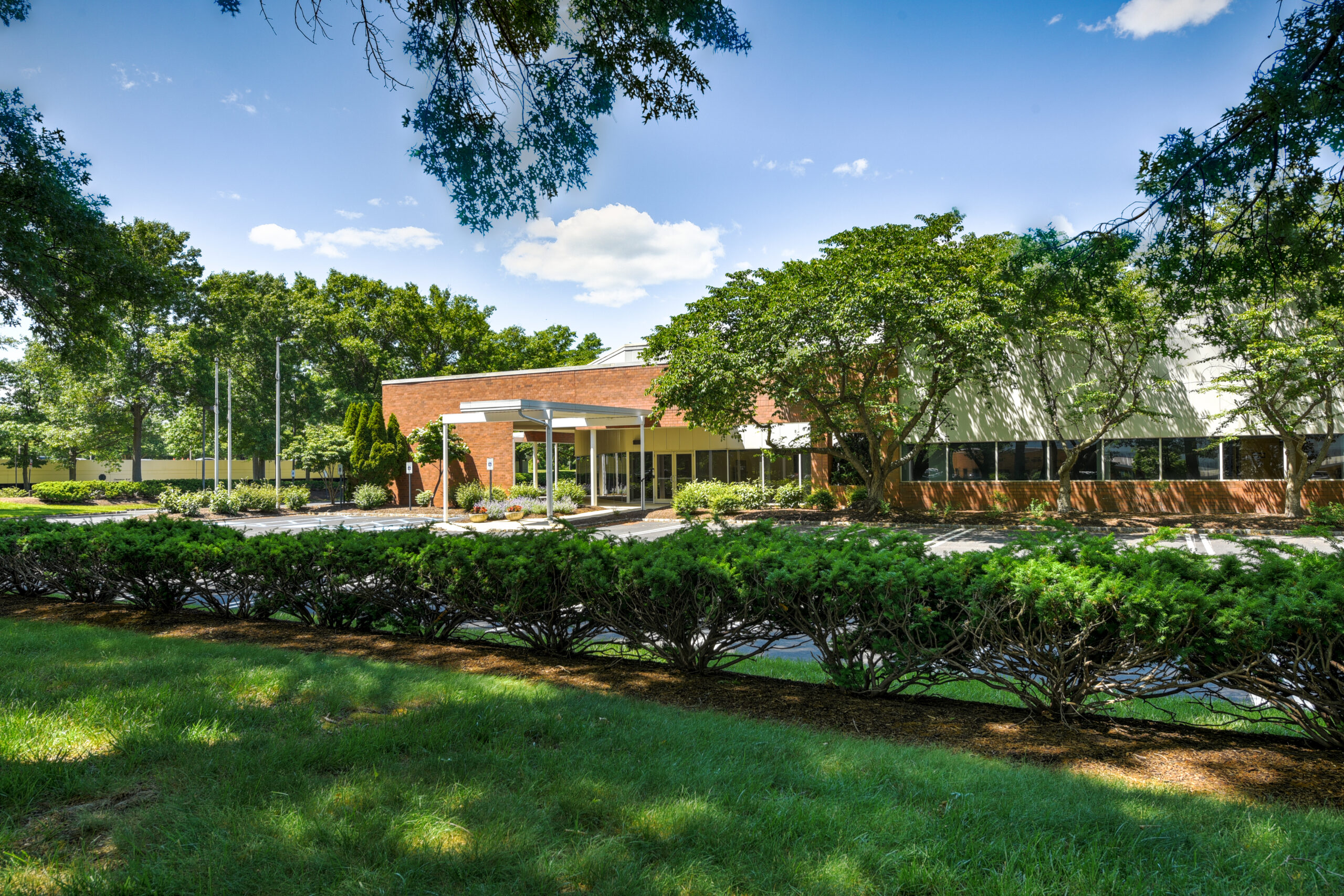 Exterior shot of a single-story brick office building and surrounding greenery.