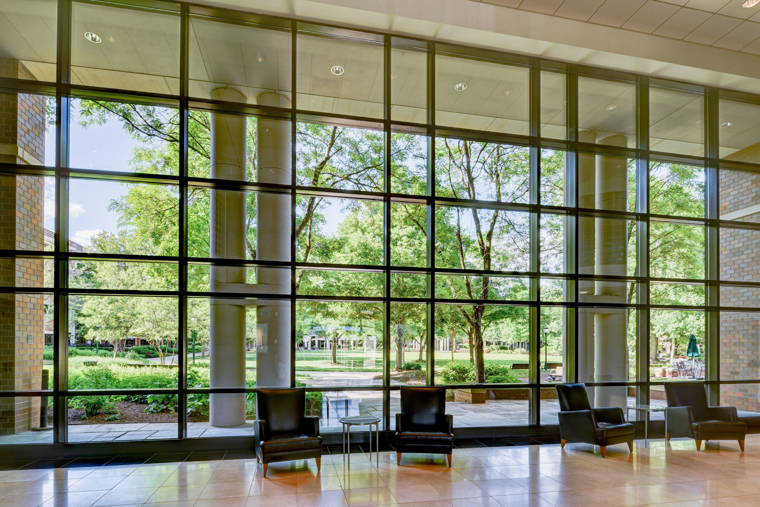 Interior lobby of office building featuring full glass wall.