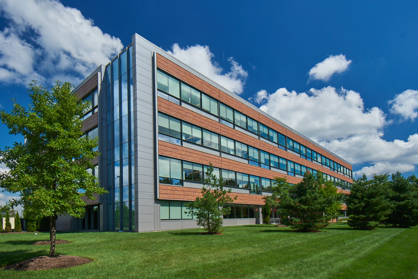 Exterior side angle shot of building facade at 701 Carnegie Center.